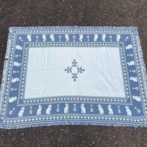 Vintage 1989 MWW Cats & Hearts Cottagecore Fringe Woven Tapestry Throw Blanket